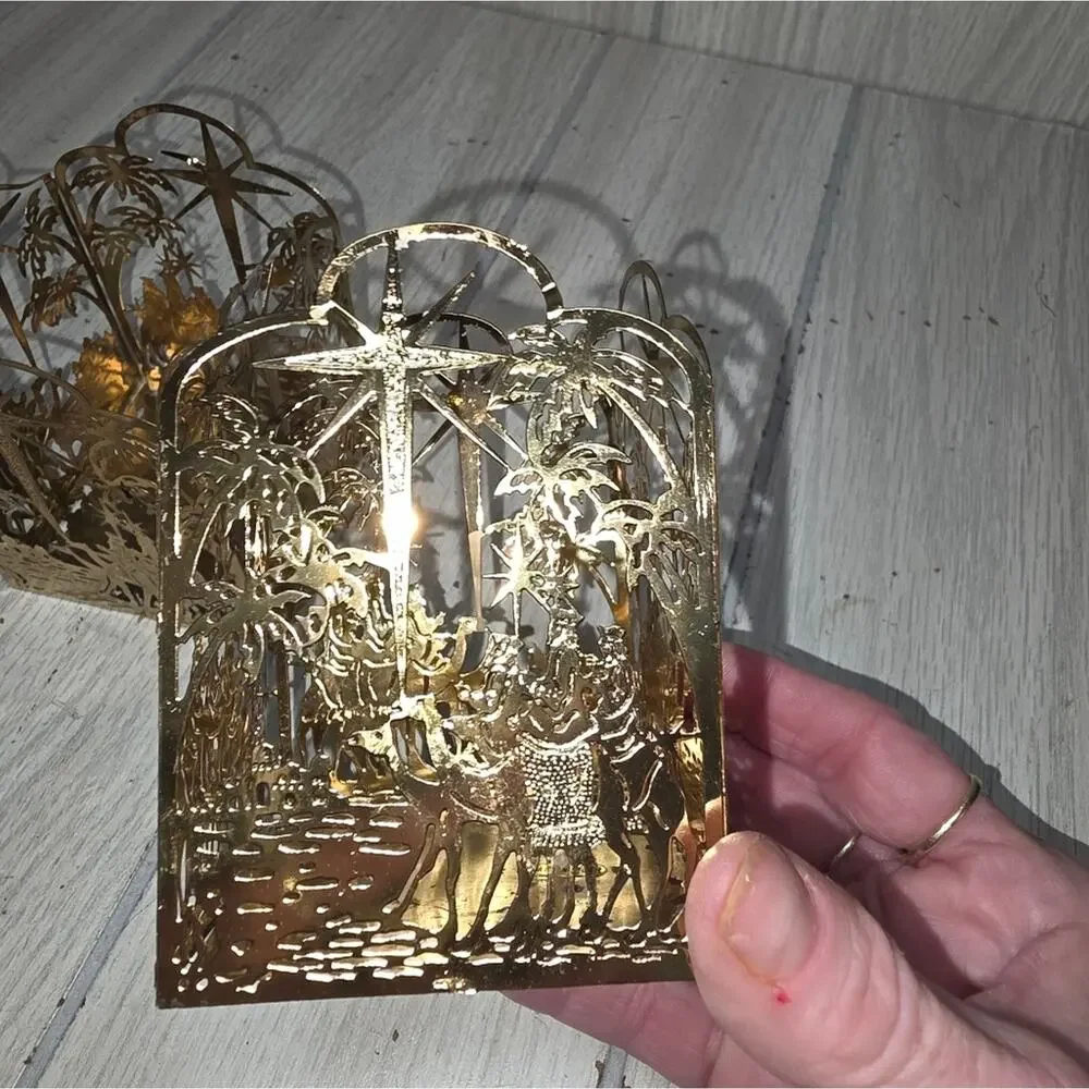 Vtg Brass Plated Nativity Candle Holder Set Of 2 MCM Holiday Religious Regency